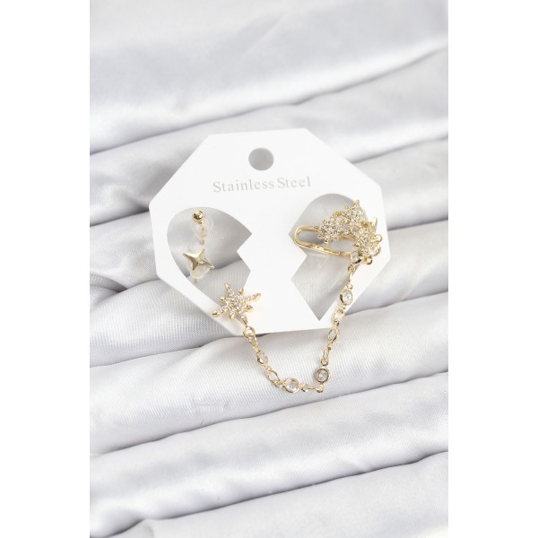 Kutup Yıldızı Model Pirinç Gold Renk Zincir Bağlantılı Ear Cuff Küpe Seti TJ-BKP11550