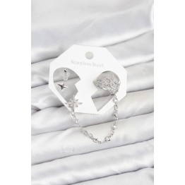 Kutup Yıldızı Model Pirinç Gümüş Renk Zincir Bağlantılı Ear Cuff Küpe Seti TJ-BKP11551