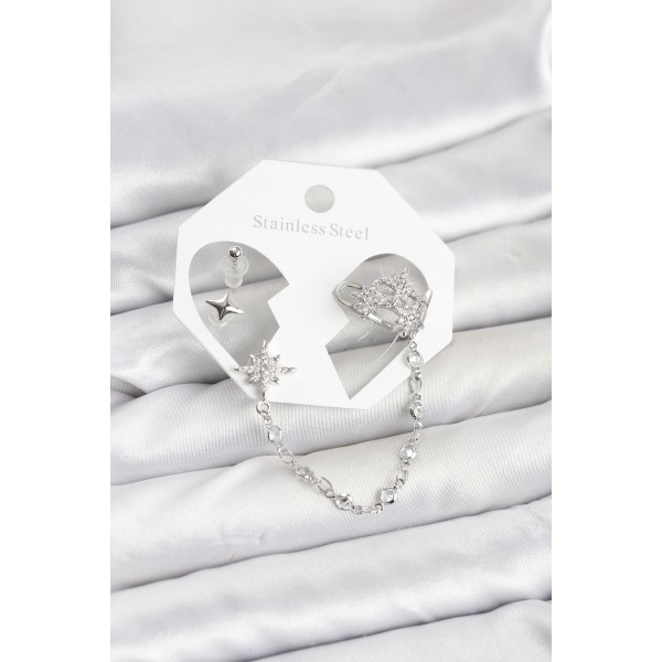 Kutup Yıldızı Model Pirinç Gümüş Renk Zincir Bağlantılı Ear Cuff Küpe Seti TJ-BKP11551