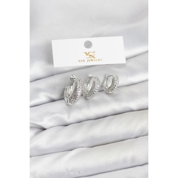 Pirinç Gümüş Renk Zirkon Taşlı Halka Model YSX Trio Küpe Seti TJ-BKP11559