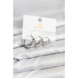 Pirinç Gümüş Renk Zirkon Taşlı Petek Halka Model YSX Trio Küpe Seti TJ-BKP11567
