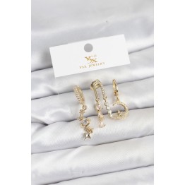 Pirinç Gold Renk Zirkon Taşlı Uzay Model YSX Trio Küpe Seti TJ-BKP11568