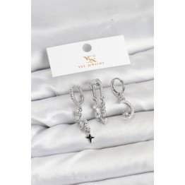 Pirinç Gümüş Renk Zirkon Taşlı Uzay Model YSX Trio Küpe Seti TJ-BKP11569