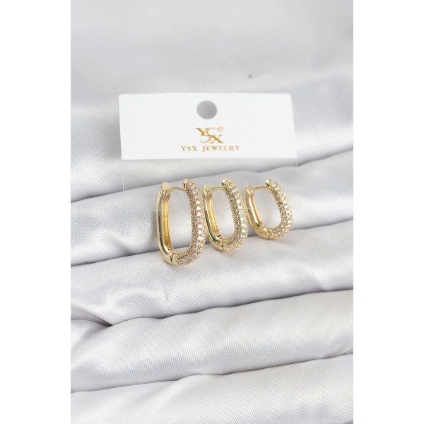 Pirinç Gold Renk Zirkon Taşlı Halka Model YSX Trio Küpe Seti TJ-BKP11570