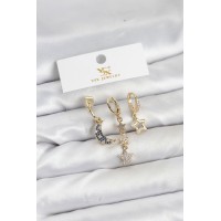 Pirinç Gold Renk Zirkon Taşlı Ay ve Yıldız Model YSX Trio Küpe Seti TJ-BKP11574