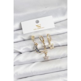 Pirinç Gold Renk Zirkon Taşlı Ay ve Yıldız Model YSX Trio Küpe Seti TJ-BKP11574