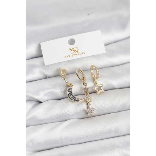 Pirinç Gold Renk Zirkon Taşlı Ay ve Yıldız Model YSX Trio Küpe Seti TJ-BKP11574