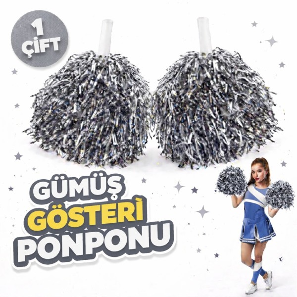 1 Çift ( 2 Adet ) Gümüş Renk 23 Nisan 19 Mayıs 29 Ekim Okul Gösteri Ponponları