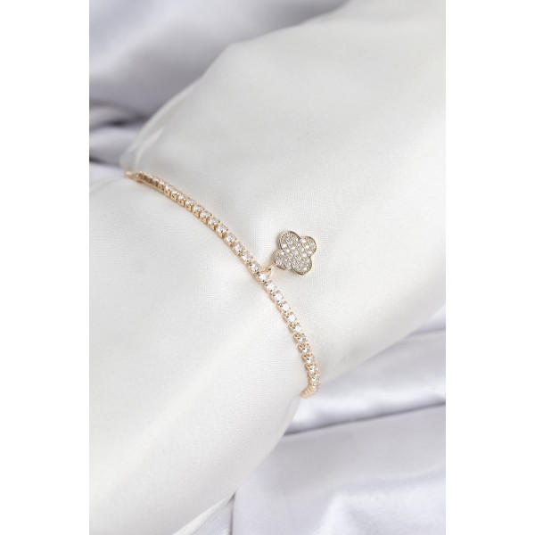 Yonca Model Zirkon Taşlı Gold Renk Asansörlü Su Yolu Bileklik TJ-BB8244