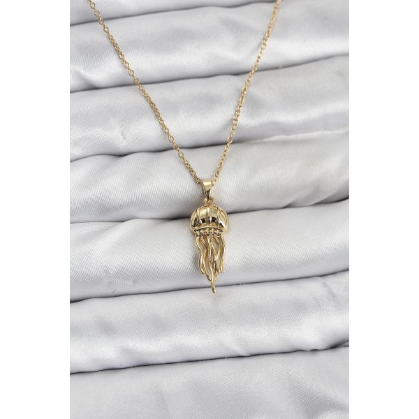 316L Çelik Zincir Gold Renk Deniz Anası Model Zirkon Taşlı Kadın Kolye - TJ-BKO10842