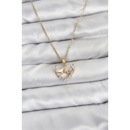 316L Çelik Zincir Gold Renk Kalp ve Fiyonk Model Zirkon Taşlı Kadın Kolye TJ-BKO10848