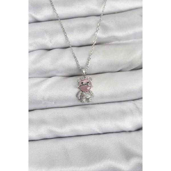 316L Çelik Zincir Gümüş Renk Teddy Bear Model Zirkon Taşlı Kadın Kolye TJ-BKO10853