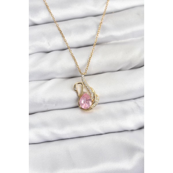 316L Çelik Zincir Gold Renk Pembe Kuğu Model Zirkon Taşlı Kadın Kolye TJ-BKO10867