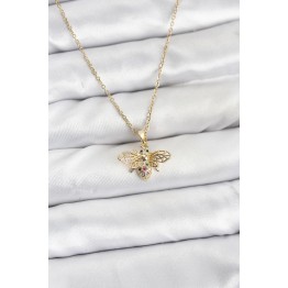 316L Çelik Zincir Gold Renk Sinek Model Zirkon Taşlı Kadın Kolye - TJ-BKO10875