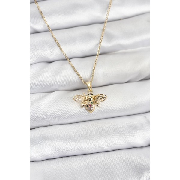 316L Çelik Zincir Gold Renk Sinek Model Zirkon Taşlı Kadın Kolye - TJ-BKO10875