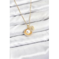 316L Çelik Zincir Gold Renk İncili Deniz Kabuğu Model Zirkon Taşlı Kadın Kolye TJ-BKO10911
