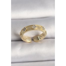 Pirinç Gold Renk Zirkon Taşlı Yonca İşlemeli Ayarlanabilir Yüzük TJ-BYK3545