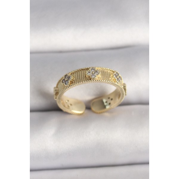 Pirinç Gold Renk Zirkon Taşlı Yonca İşlemeli Ayarlanabilir Yüzük TJ-BYK3545