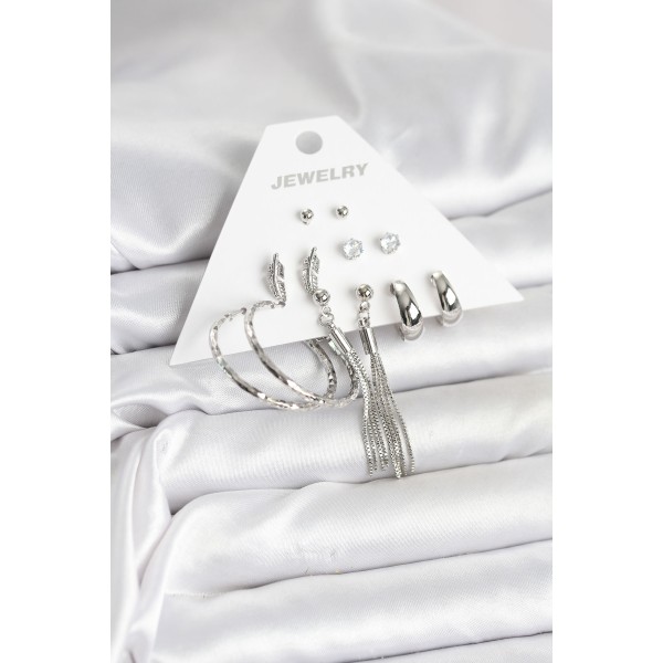 Gümüş Renk Pirinç 6 Çiftli Kadın Küpe Seti TJ-BKP11331