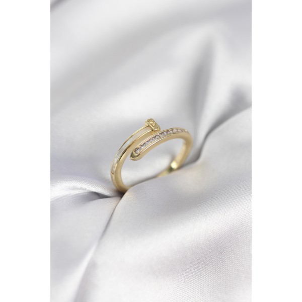 Zirkon Taşlı Gold Renk Yassı Çivi Model Kadın Yüzük TJ-BYK3961