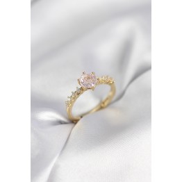 Gold Renk Pembe Tek Taş Model Zirkon Taşlı Kadın Yüzük TJ-BYK3991