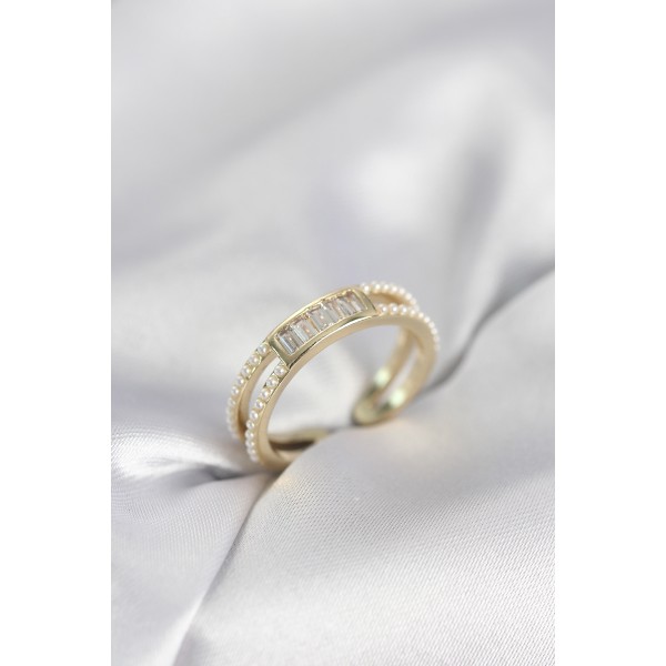 Baget Zirkon Taşlı Gold Renk İncili Kadın Yüzük TJ-BYK4032