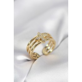 Gold Renk Zirkon Taşlı Yonca Model Kadın Yüzük TJ-BYK4054