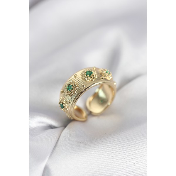Yeşil Zirkon Taşlı Gold Renk Vintage Kadın Yüzük TJ-BYK4084