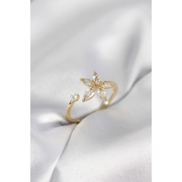 Lotus Model Zirkon Taşlı Gold Renk Kadın Yüzük TJ-BYK4095