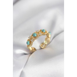 Mavi Taşlı Gold Renk Vintage Kadın Yüzük TJ-BYK4141