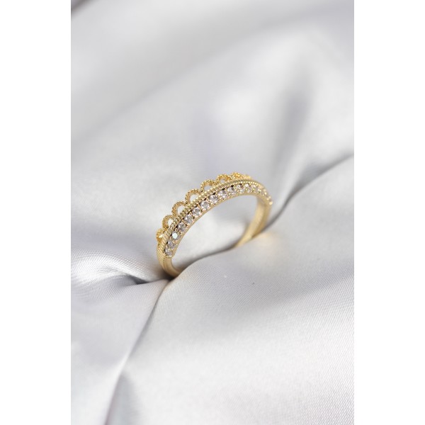 Motif Desenli Gold Renk Zirkon Taşlı Kadın Yüzük TJ-BYK4151