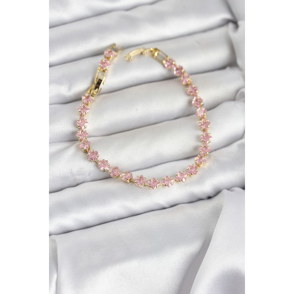 Pembe Kare Zirkon Taşlı Gold Renk Pirinç Su Yolu Kadın Bileklik TJ-BB8324