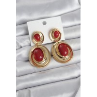 Kırmızı Sallantılı Damla Model Gold Renk Vintage Kadın Küpe TJ-BKP11670
