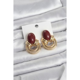 Pirinç Gold Renk Bordo Taşlı Vintage Kadın Küpe TJ-BKP11679