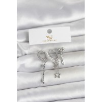 Pirinç Gümüş Renk Zirkon Taşlı Gece Temalı 3'lü Kadın Küpe TJ-BKP11704