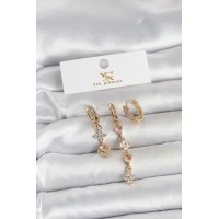 Pirinç Gold Renk Pembe Zirkon Taşlı 3'lü Kadın Küpe TJ-BKP11707