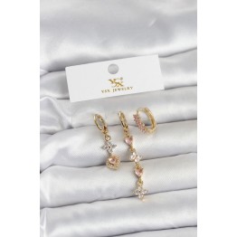 Pirinç Gold Renk Pembe Zirkon Taşlı 3'lü Kadın Küpe TJ-BKP11707