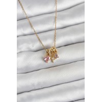 316L Çelik Gold Pembe Zirkon Taşlı Charmlı Kadın Kolye TJ-BKO11011