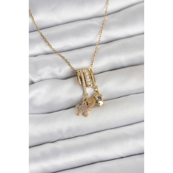 316L Çelik Gold Zirkon Taşlı Deniz Tema Charmlı Kadın Kolye TJ-BKO11013