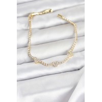 Pirinç Gold Renk Kalp Model Zirkon Taşlı Su Yolu Kadın Bileklik TJ-BB8375