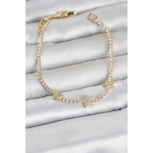 Pirinç Gold Renk Minimal Yıldız Model Zirkon Taşlı Su Yolu Kadın Bileklik TJ-BB8379