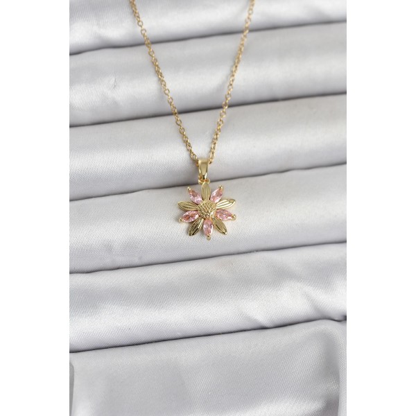 316L Çelik Zincir Gold Renk Pembe Papatya Model Kadın Kolye TJ-BKO11030