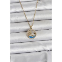 316L Çelik Zincir Gold Renk Zirkon Taşlı Deniz Temalı Kadın Kolye TJ-BKO11032