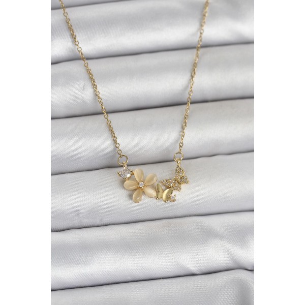 316L Çelik Zincir Gold Renk Çiçek ve Model Kadın Kolye TJ-BKO11038