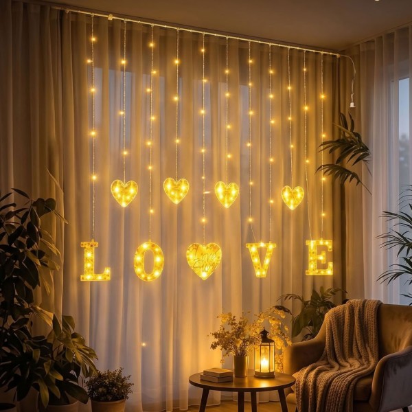 3 Metre Perde Led Işık - 8 Modlu Kalp ve LOVE Figürlü Dekoratif Animasyonlu Led