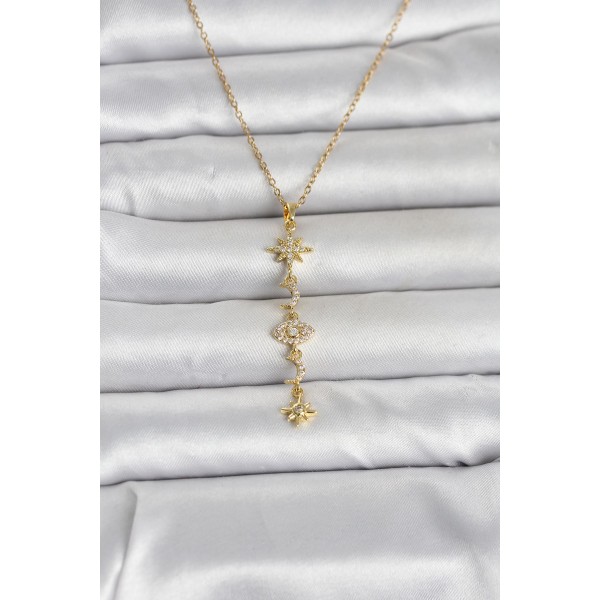 316L Çelik Gold Renk Kutup Yıldızı Y Model Zirkon Taşlı Kadın Kolye TJ-BKO11049