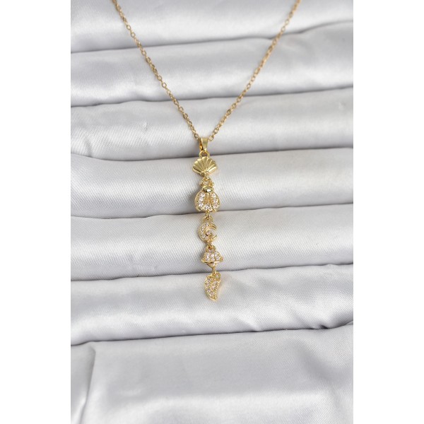 316L Çelik Gold Renk Deniz Temalı Y Model Zirkon Taşlı Kadın Kolye TJ-BKO11051