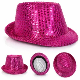 Fuşya Pembe Payetli Disco Parti Şapkası Yetişkin Işıltılı Fötr Model