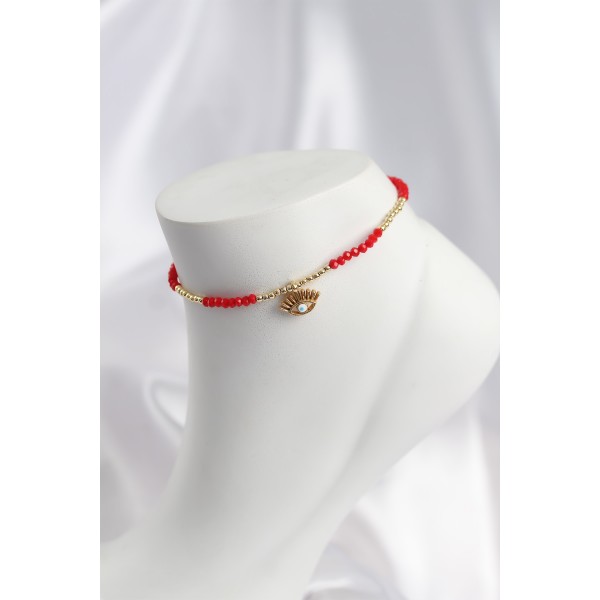 Kırmızı Renk Boncuklu Nazarlı Göz Figürlü Halhal TJ-HH1680