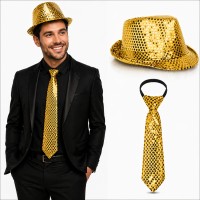 Altın Gold Payetli Şapka ve Kravat Seti – Işıltılı Parti Kombini